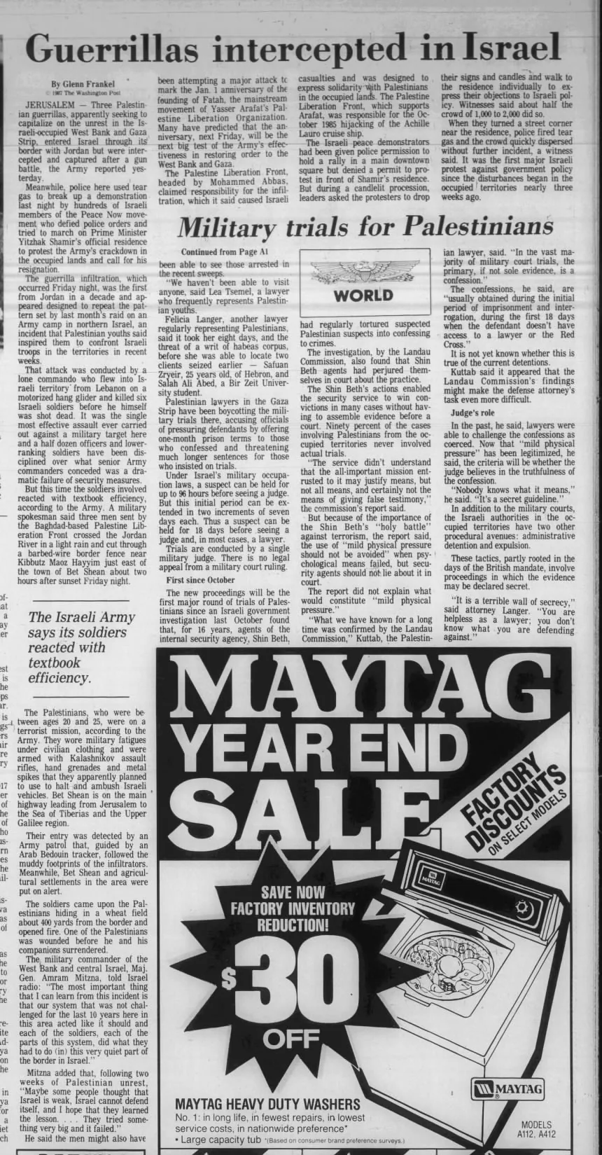 Guerrillas intercepted in Israel &mdash; The Berkshire Eagle, 27 December 1987