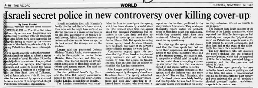 Israeli secret police in new controversy over killing cover-up — The Record, 12 November 1987