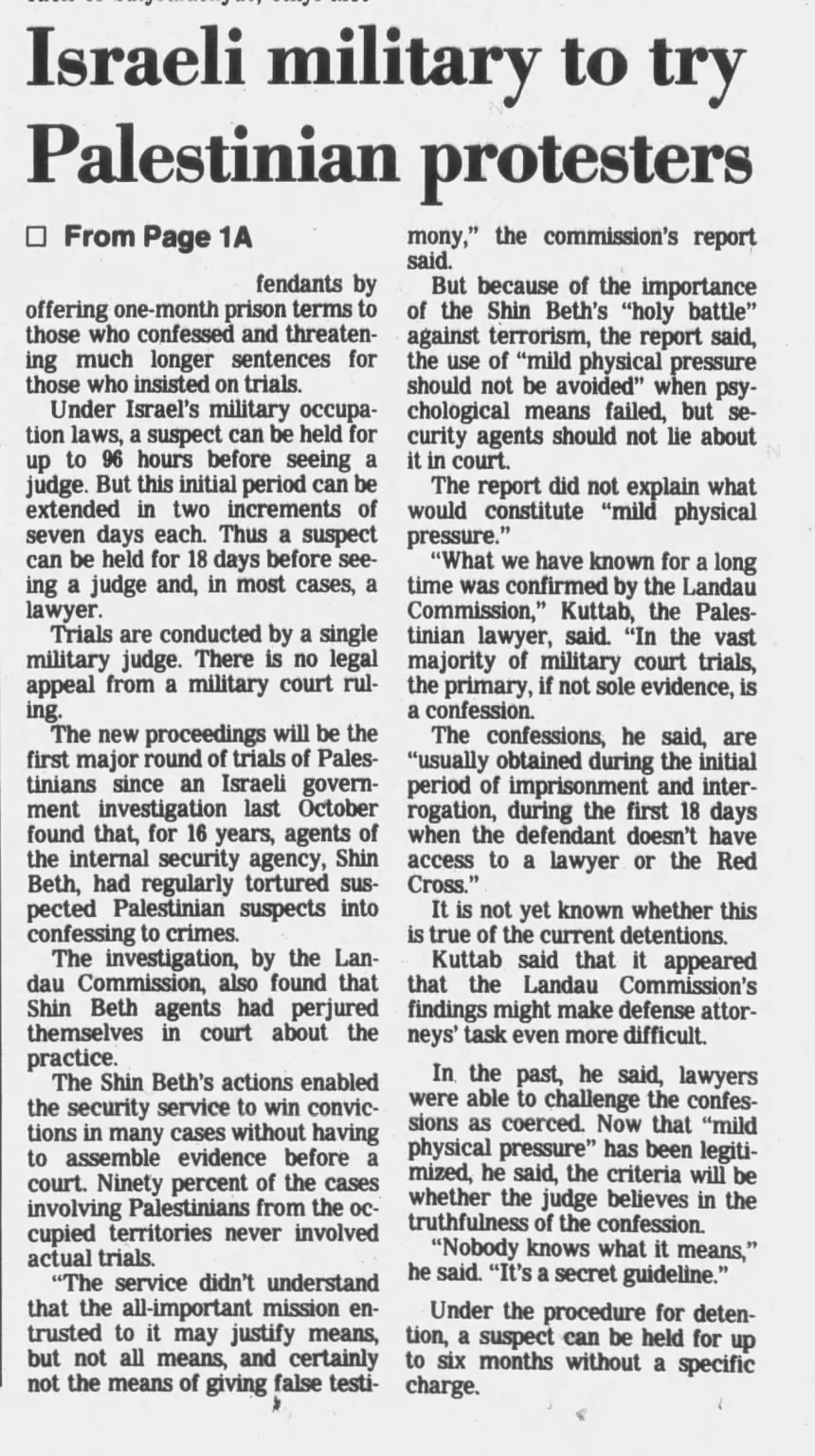 Israeli military to try Palestinian protesters &mdash; Waco Tribune-Herald, 27 December 1987