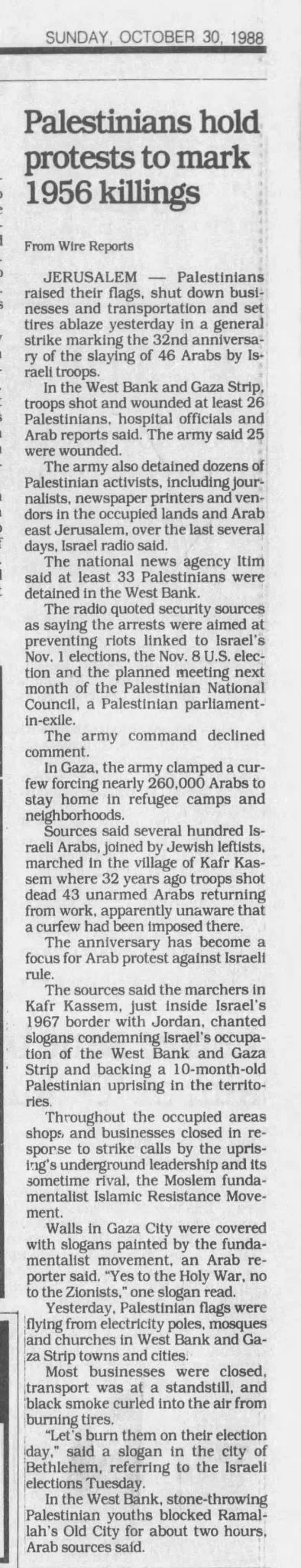 Palestinians hold protests to mark 1956 killings &mdash; Baltimore Sun, 30 October 1988