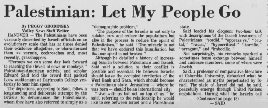 Said: Palestinians have been variously described — Valley News, 27 July 1988