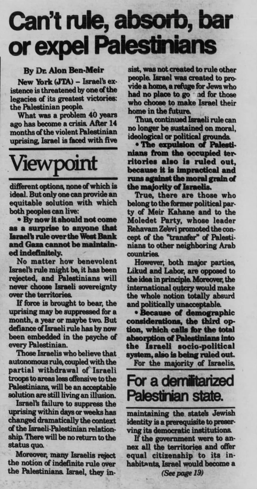 Can't rule, absorb, bar or expel Palestinians &mdash; St. Louis Jewish Light, 3 March 1989