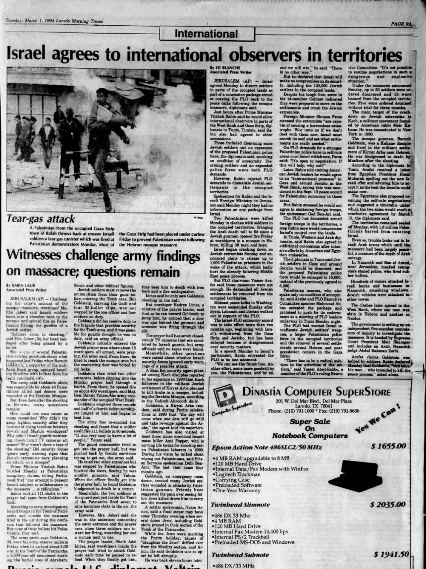 Israel agrees to international observers in territories &mdash; Laredo Morning Times, 1 March 1994