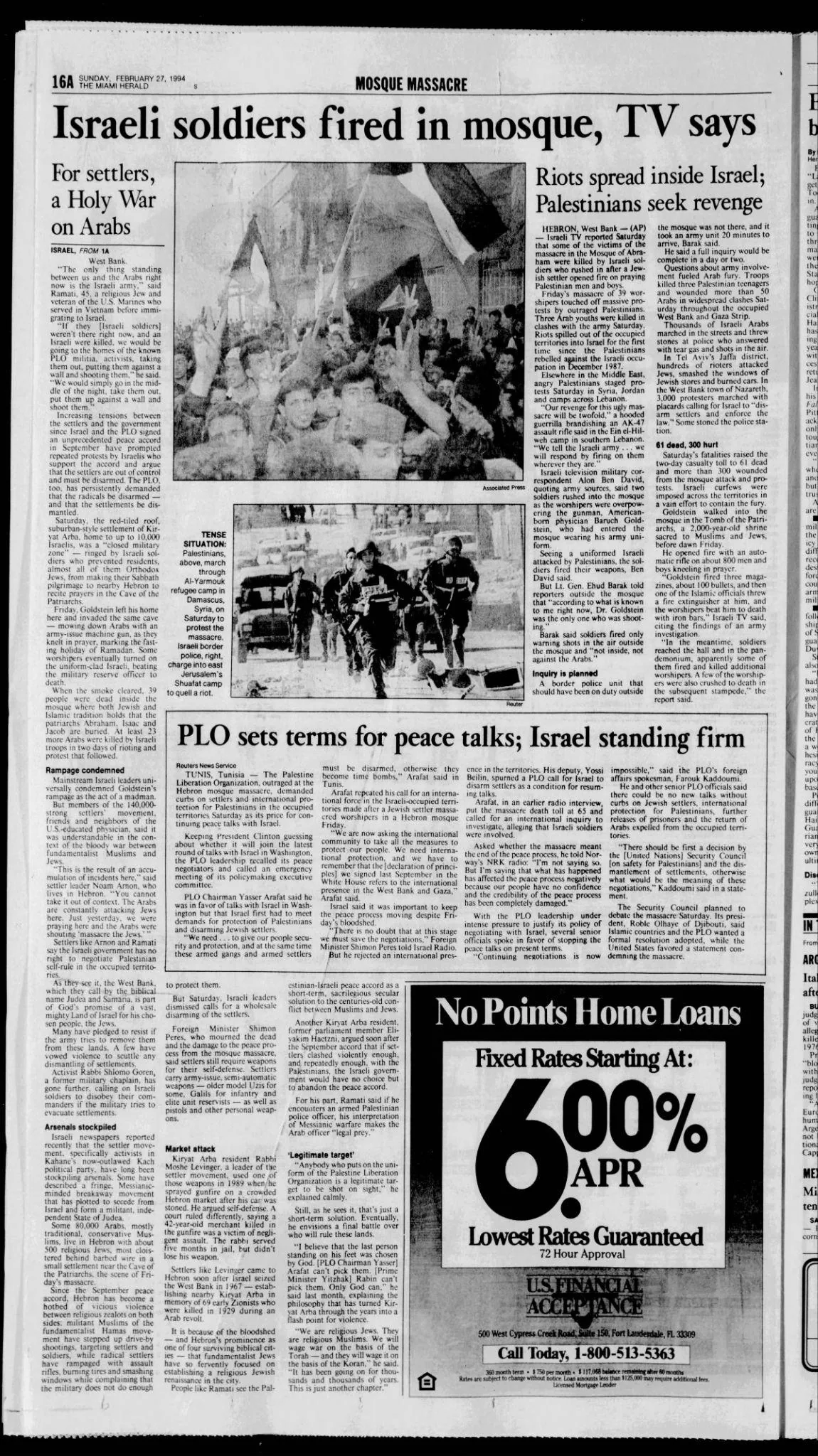 Israeli soldiers fired in mosque, TV says &mdash; Miami Herald, 27 February 1994