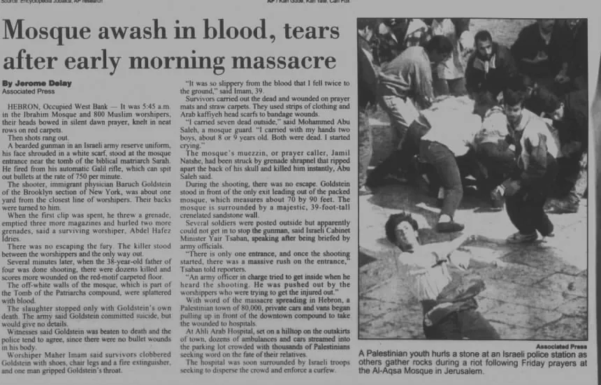Mosque awash in blood, tears after early morning massacre &mdash; Post Star, 26 February 1994