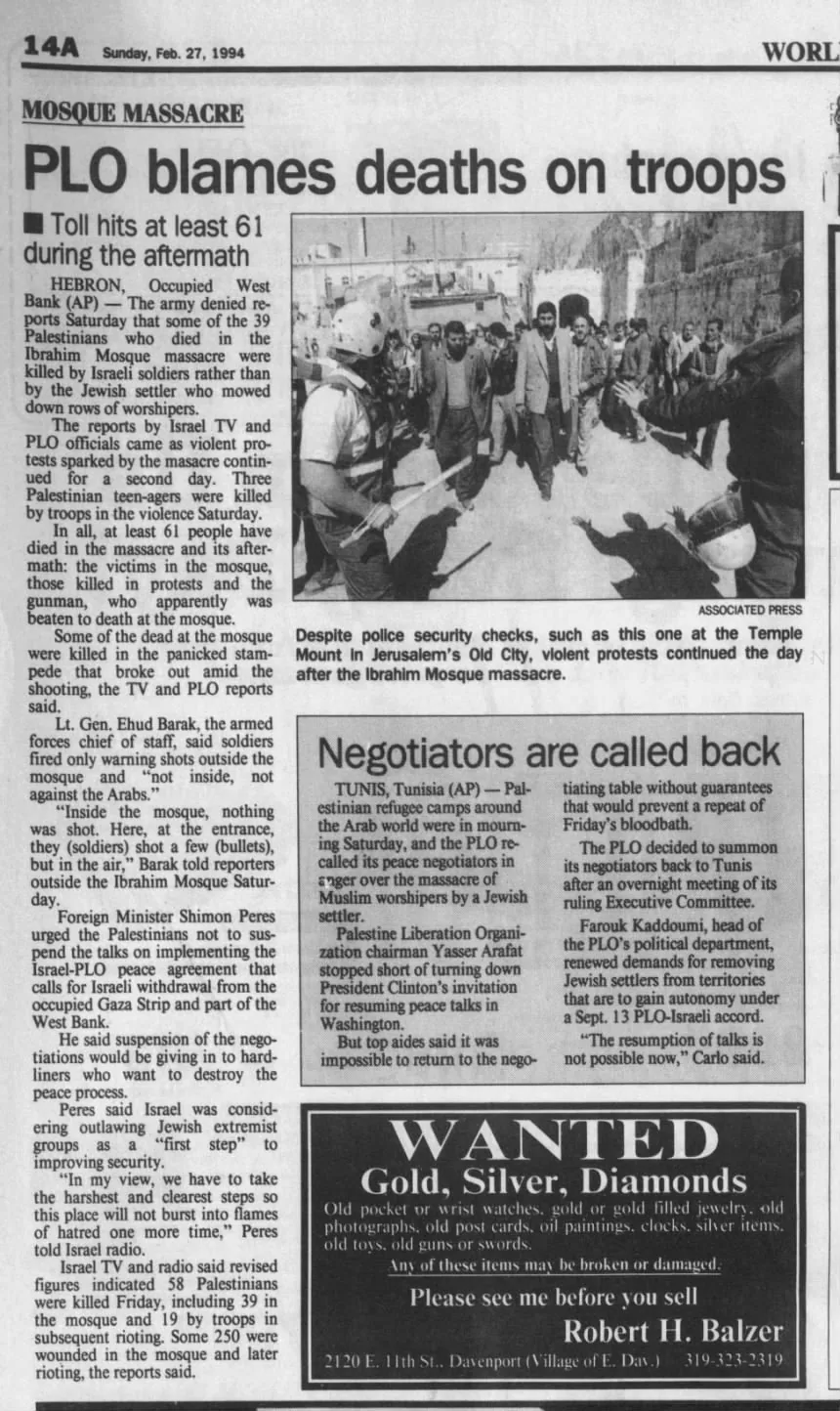 PLO blames deaths on troops &mdash; Quad City Times, 27 February 1994