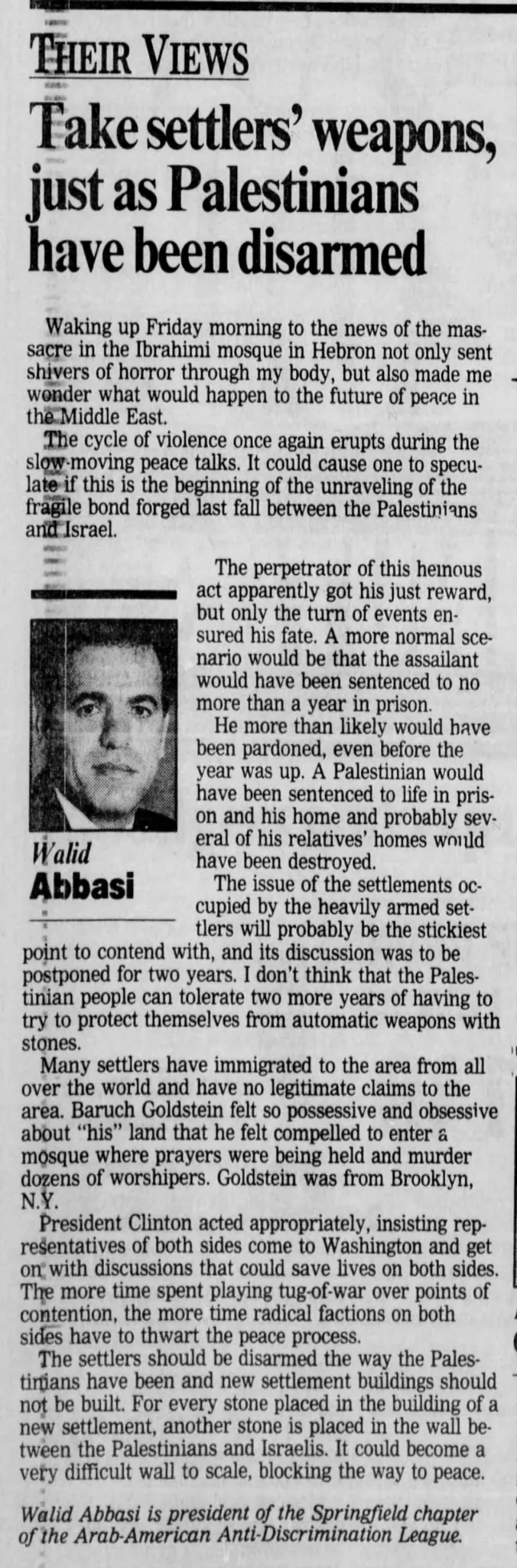 Take settlers’ weapons &mdash; Springfield News Leader, 1 March 1994