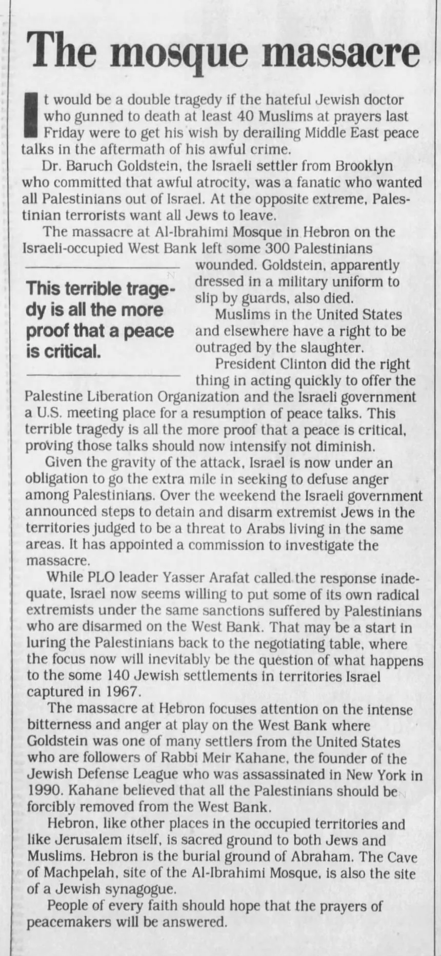 The mosque massacre &mdash; The Indianapolis Star, 1 March 1994