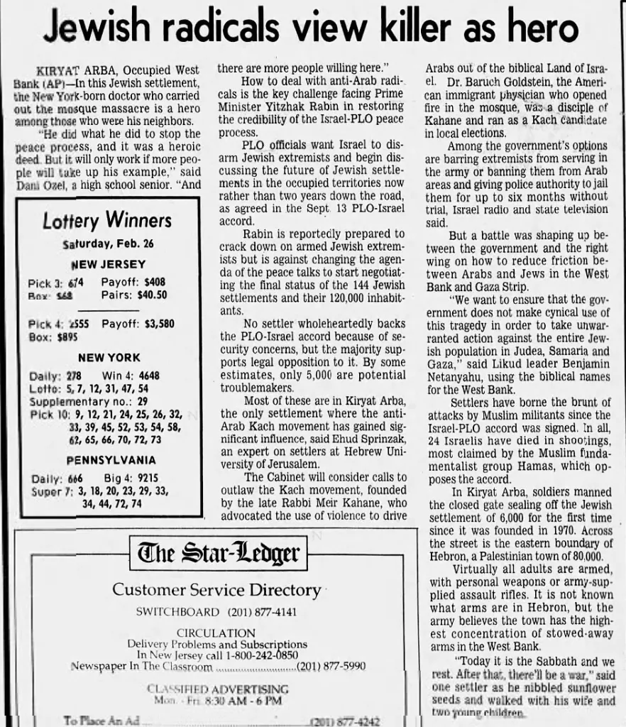 Jewish radicals view killer as hero — The Star Ledger, 27 February 1994