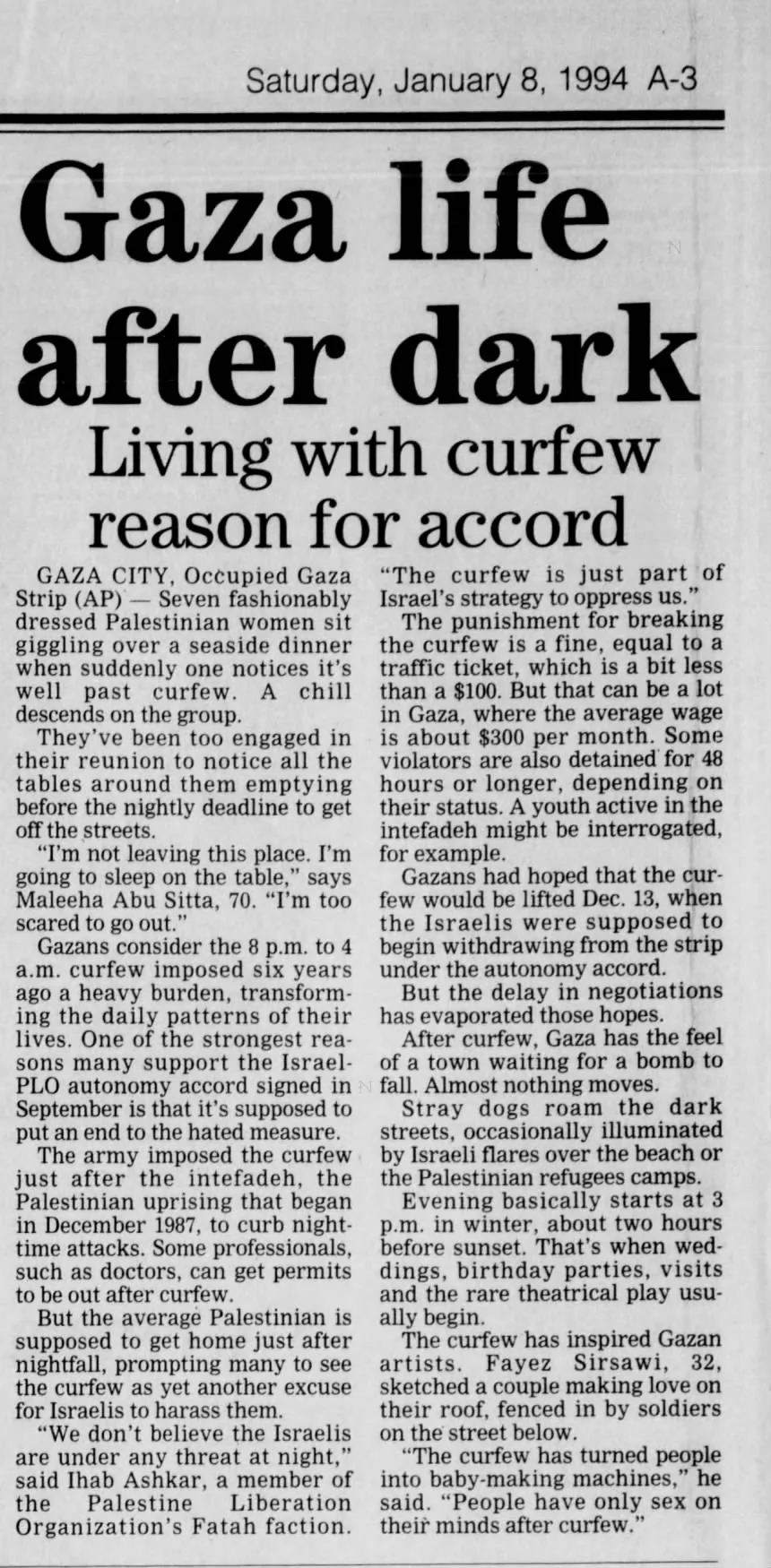 Gaza life after dark &mdash; The Town Talk, 8 January 1994