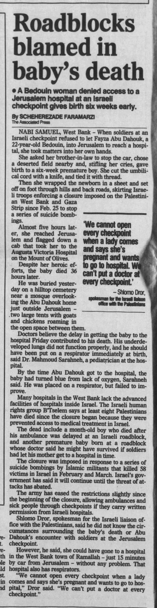 Roadblocks blamed in baby’s death &mdash; Tucson Citizen, 9 April 1996
