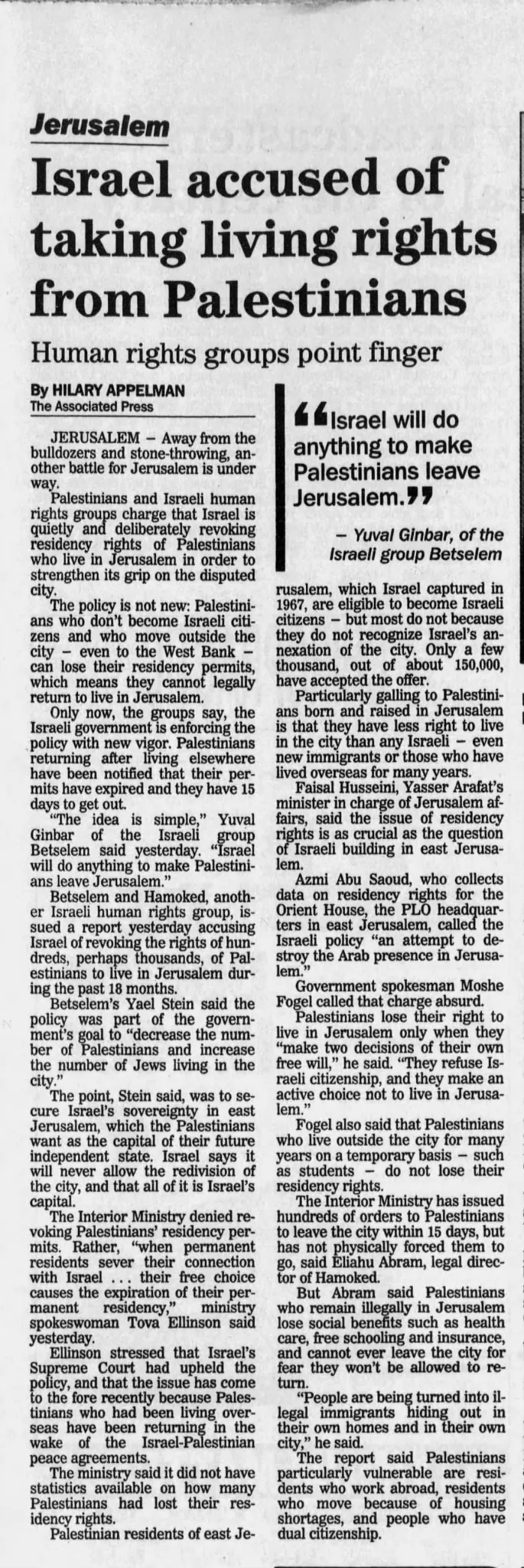 Israel accused of taking living rights from Palestinians &mdash; Concord Monitor, 8 April 1997