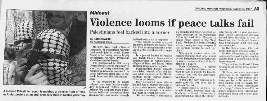 Palestinians feel backed into a corner &mdash; Concord Monitor, 13 August 1997