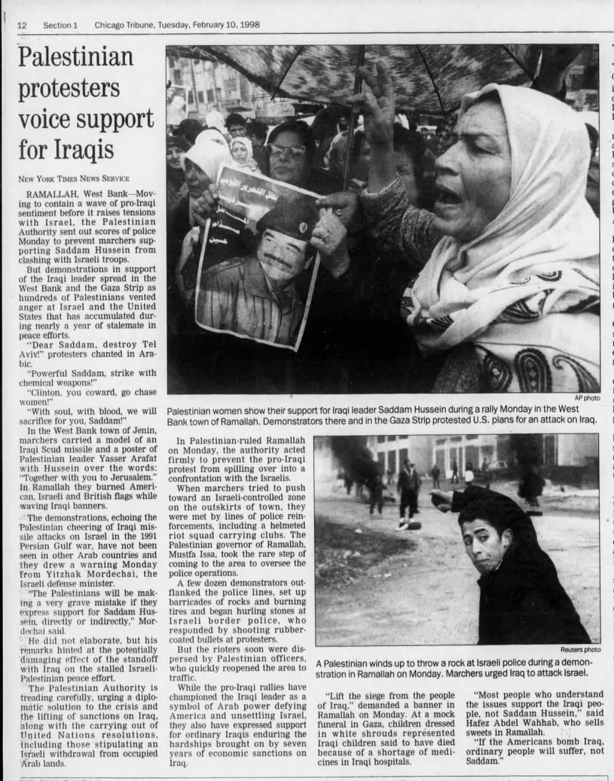 Palestinian protesters voice support for Iraqis &mdash; Chicago Tribune, 10 February 1998