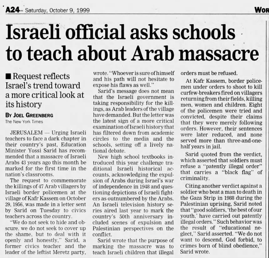 Israeli official asks schools to teach about Arab massacre &mdash; Austin American Statesman, 9 October 1999