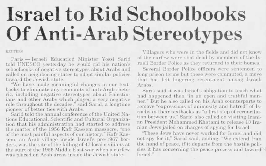 Israel to Rid Schoolbooks Of Anti-Arab Stereotypes &mdash; Newsday, 29 October 1999