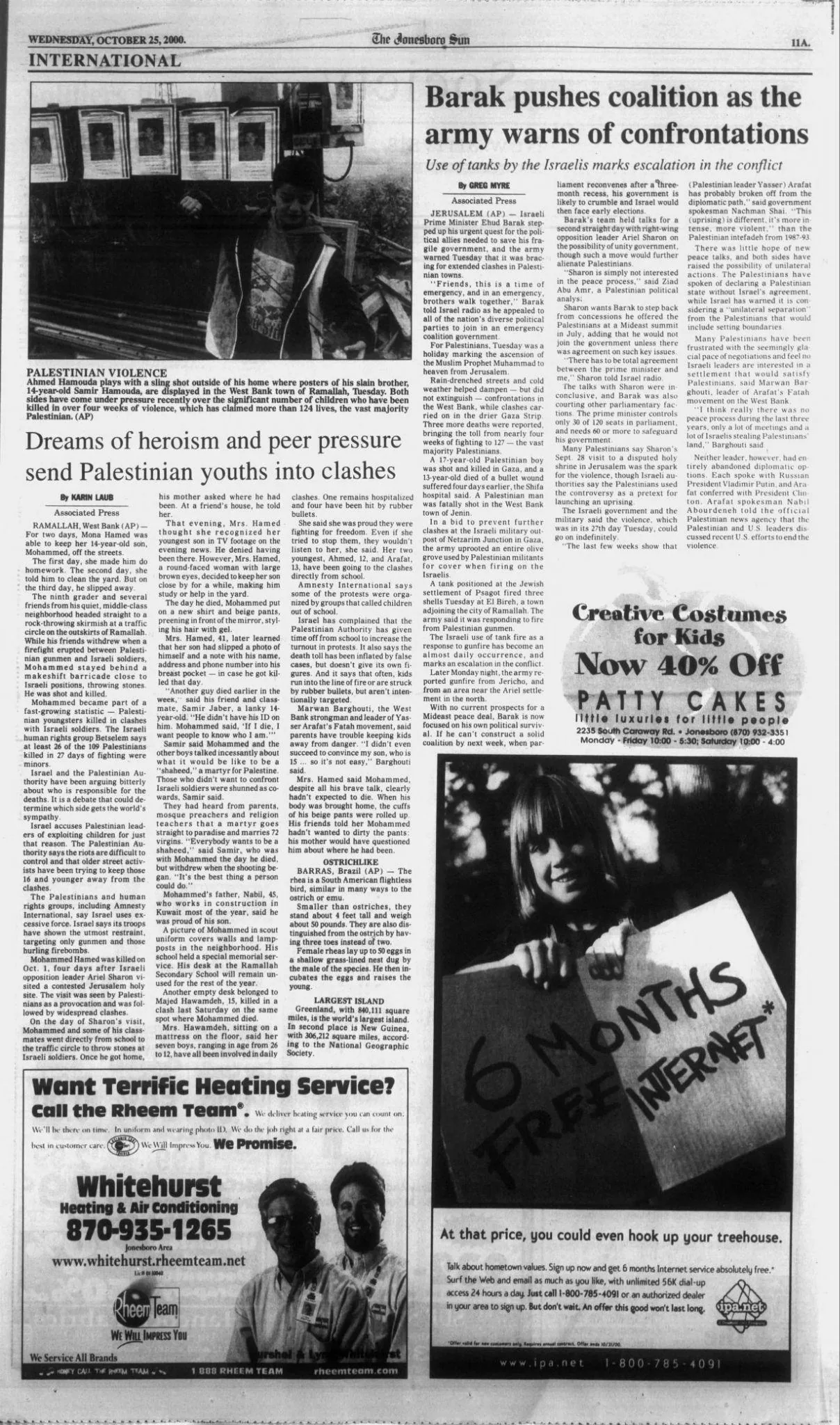Barak pushes coalition as the army warns of confrontations &mdash; The Jonesboro Sun, 25 October 2000