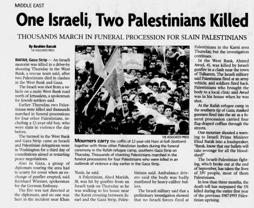 Thousands march in funeral procession for slain Palestinians &mdash; Times Record, 22 December 2000