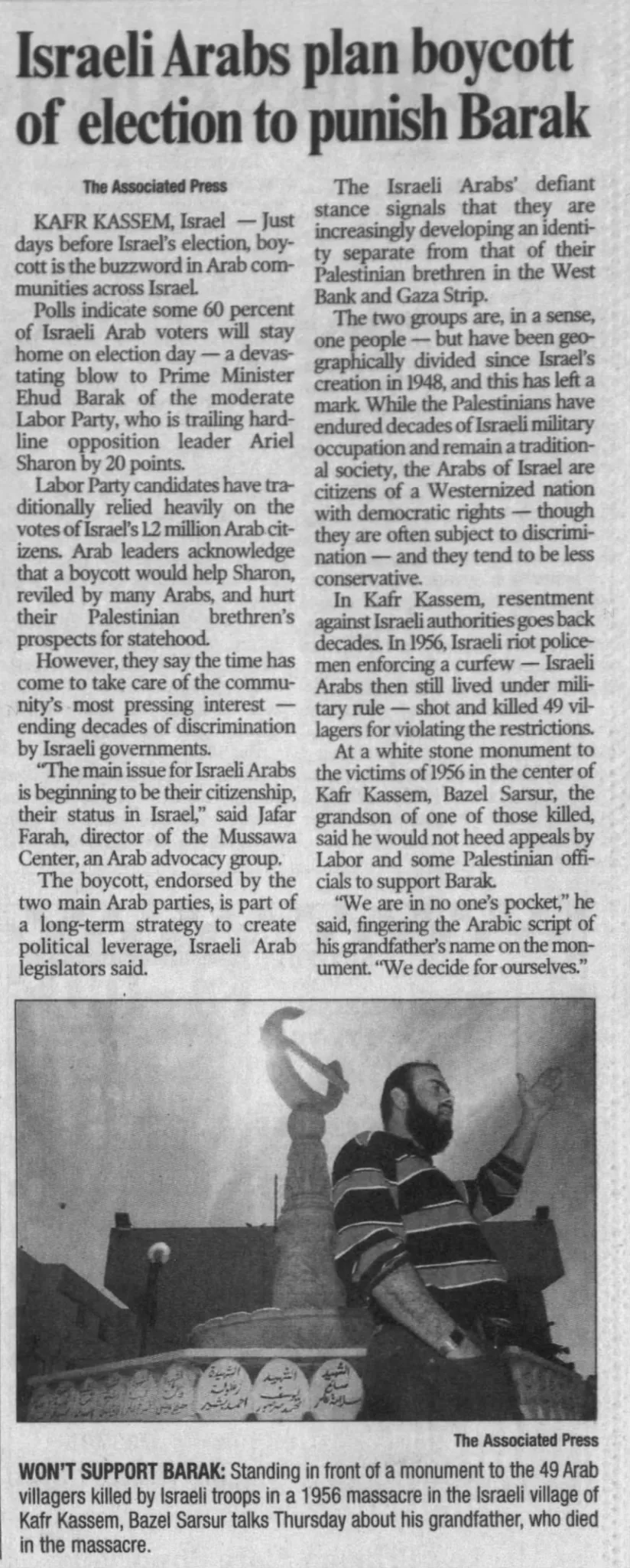 Israeli Arabs plan boycott of election to punish Barak — News Press, 4 February 2001