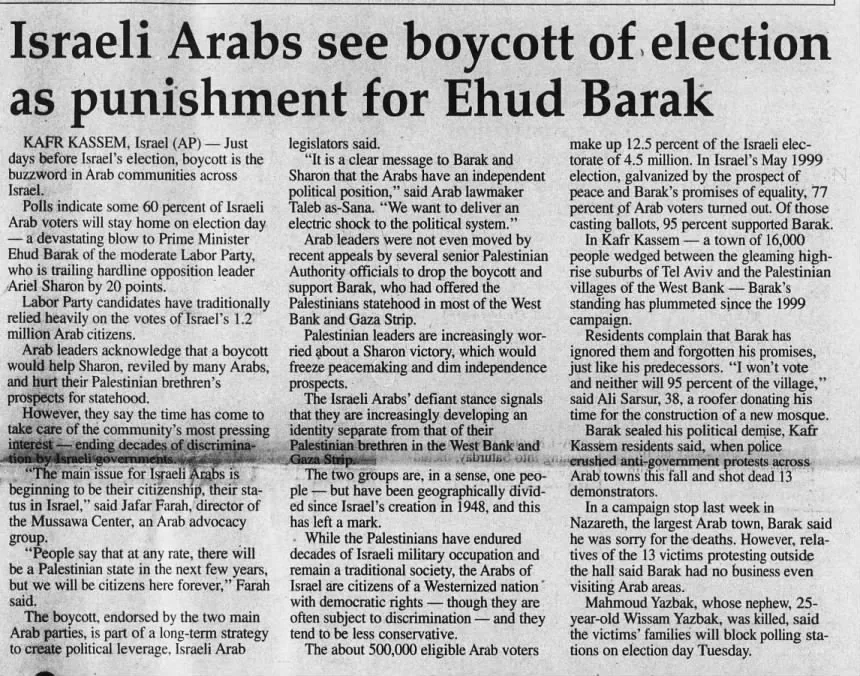 Israeli Arabs see boycott of election as punishment for Ehud Barak — South Idaho Press, 4 February 2001