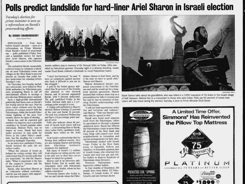 Polls predict landslide for hard-liner Ariel Sharon in Israeli election — The Herald Sun, 3 February 2001