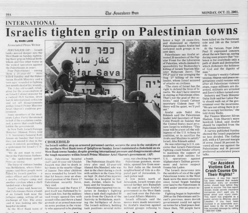 Israelis tighten grip on Palestinian towns &mdash; The Jonesboro Sun, 22 October 2001
