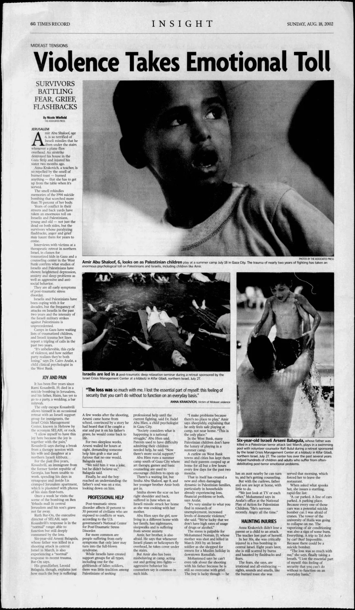 Survivors battling fear, grief, flashbacks &mdash; Times Record, 18 August 2002