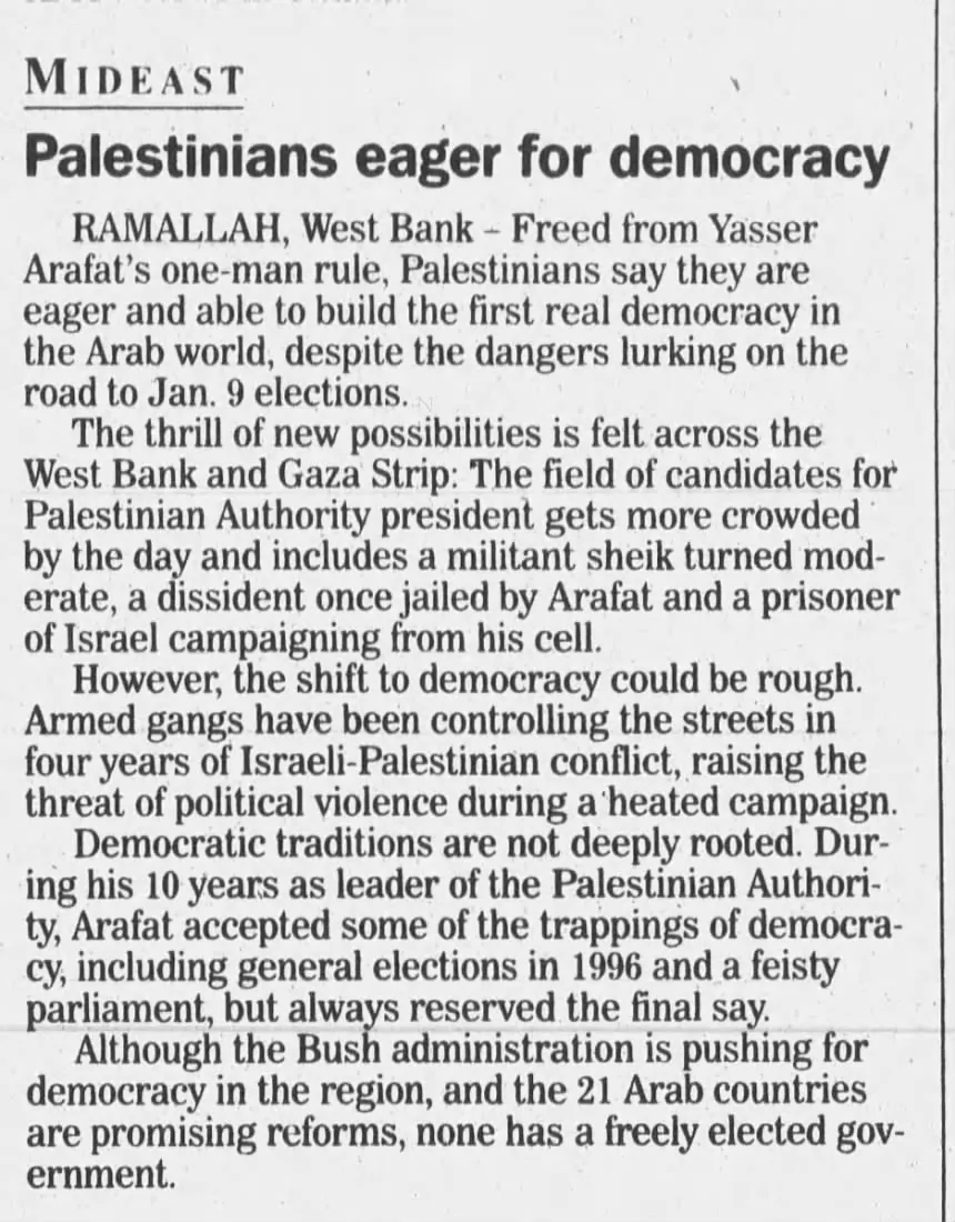 Palestinians eager for democracy &mdash; Concord Monitor, 21 November 2004