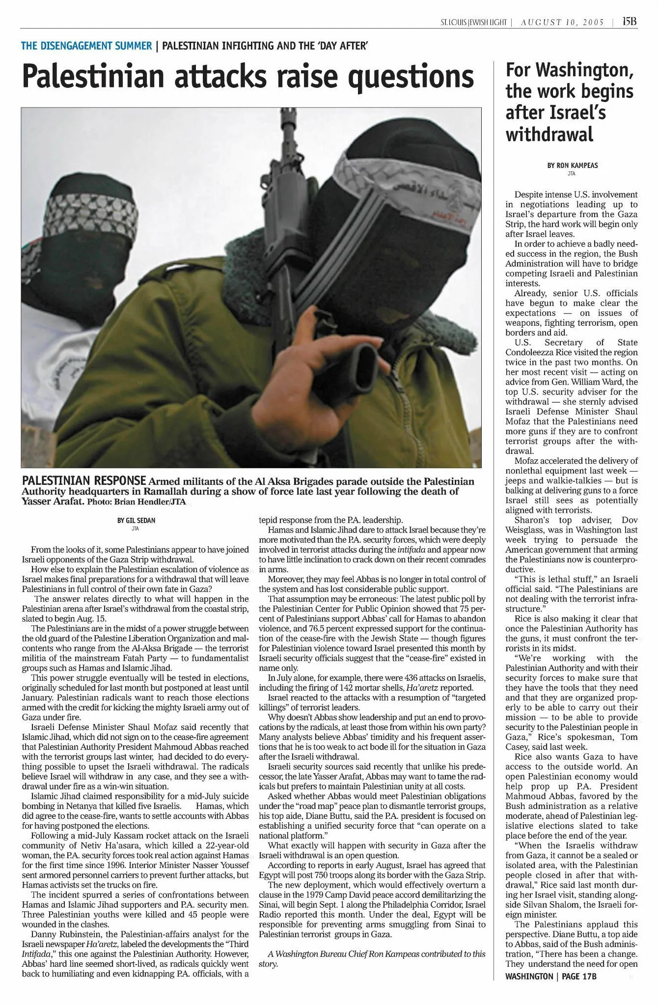 For Washington, the work begins after Israel's withdrawal &mdash; St. Louis Jewish Light, 10 August 2005
