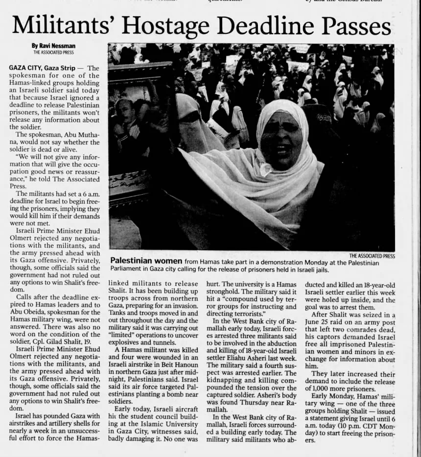 Hamas-linked group won't release information about soldier &mdash; Times Record, 4 July 2006