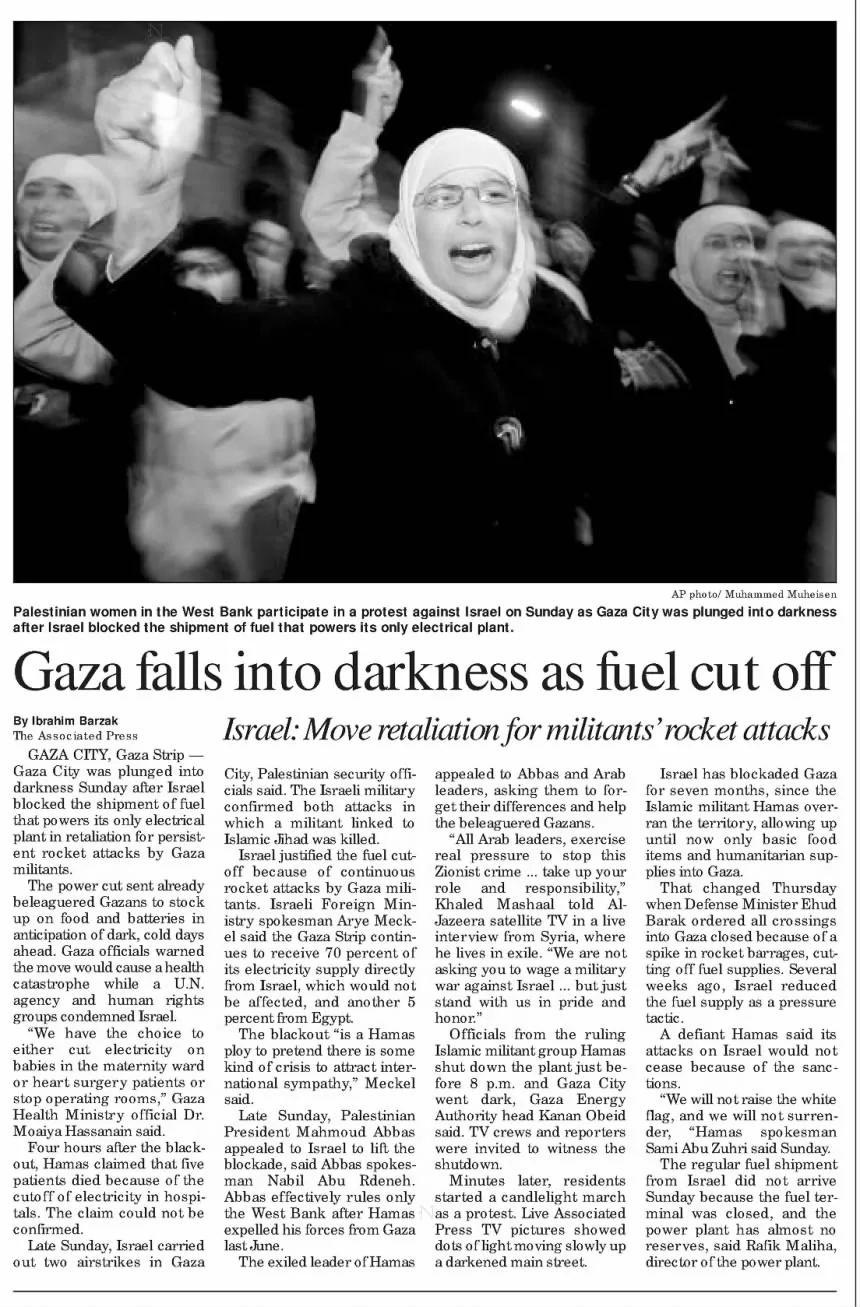 Gaza falls into darkness as fuel cut off &mdash; Centre Daily Times, 21 January 2008