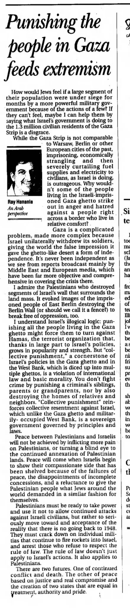 Punishing the people in Gaza feeds extremism &mdash; The Daily Herald, 4 February 2008