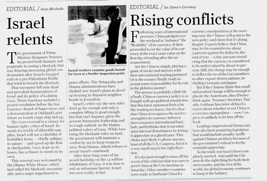 Gaza Blockade &mdash; San Francisco Chronicle, 22 June 2010