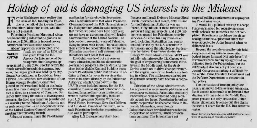 Palestinians note settlements have not stopped &mdash; The News Journal, 27 November 2011