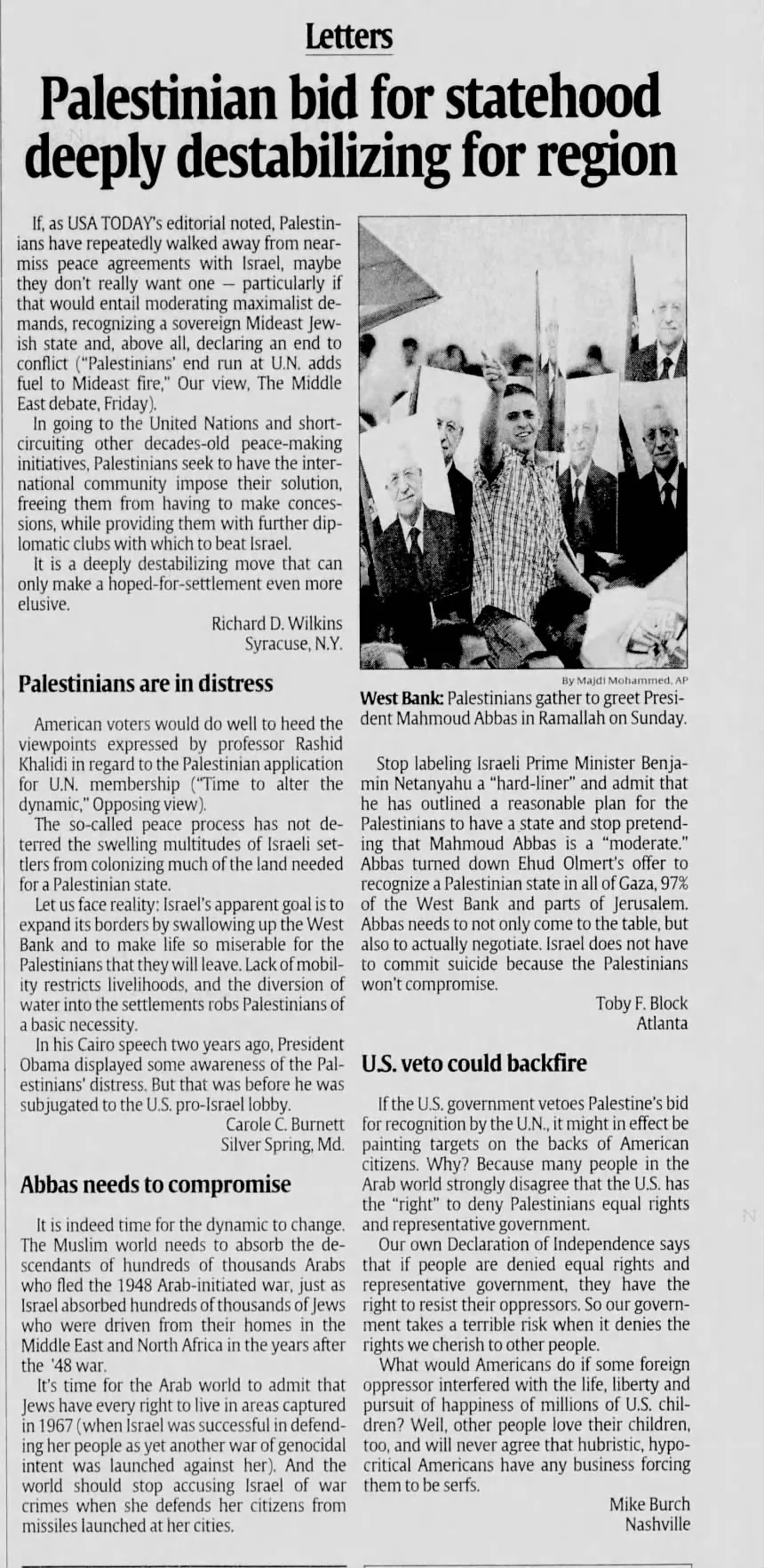 Palestinian bid for statehood deeply destabilizing for region &mdash; USA Today, 28 September 2011