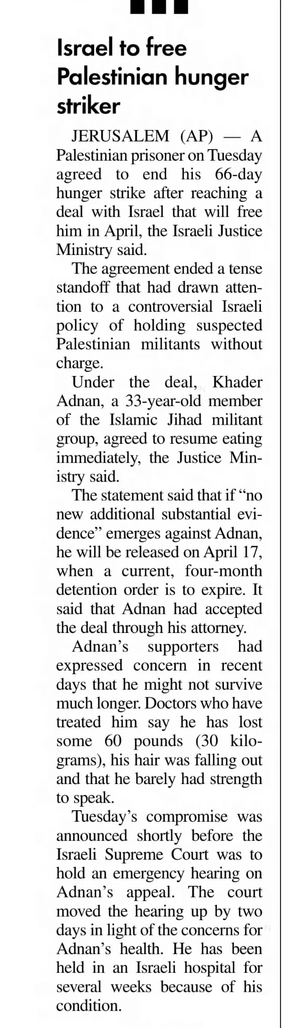 Israel to free hunger striker — Herald Citizen, 21 February 2012