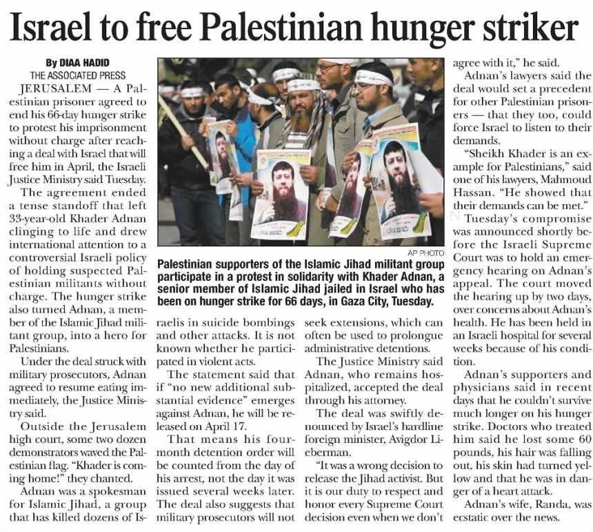 Israel to free Palestinian hunger striker &mdash; Rutland Daily Herald, 22 February 2012