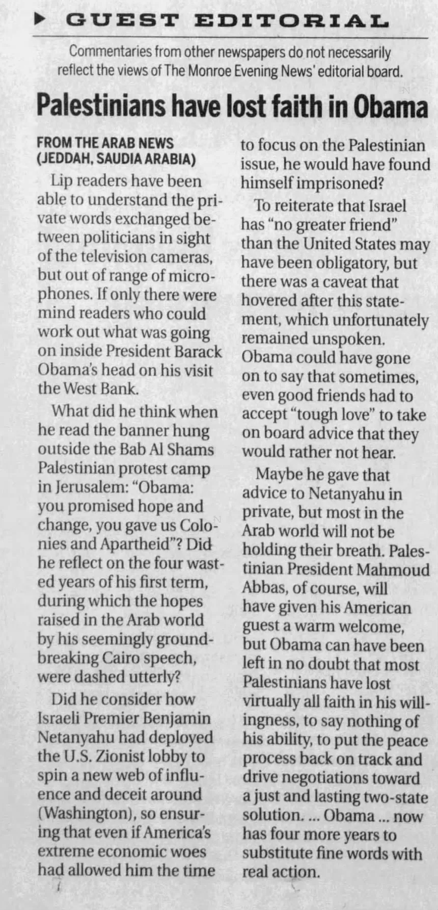 Palestinians have lost faith in Obama &mdash; Monroe Evening News, 29 March 2013