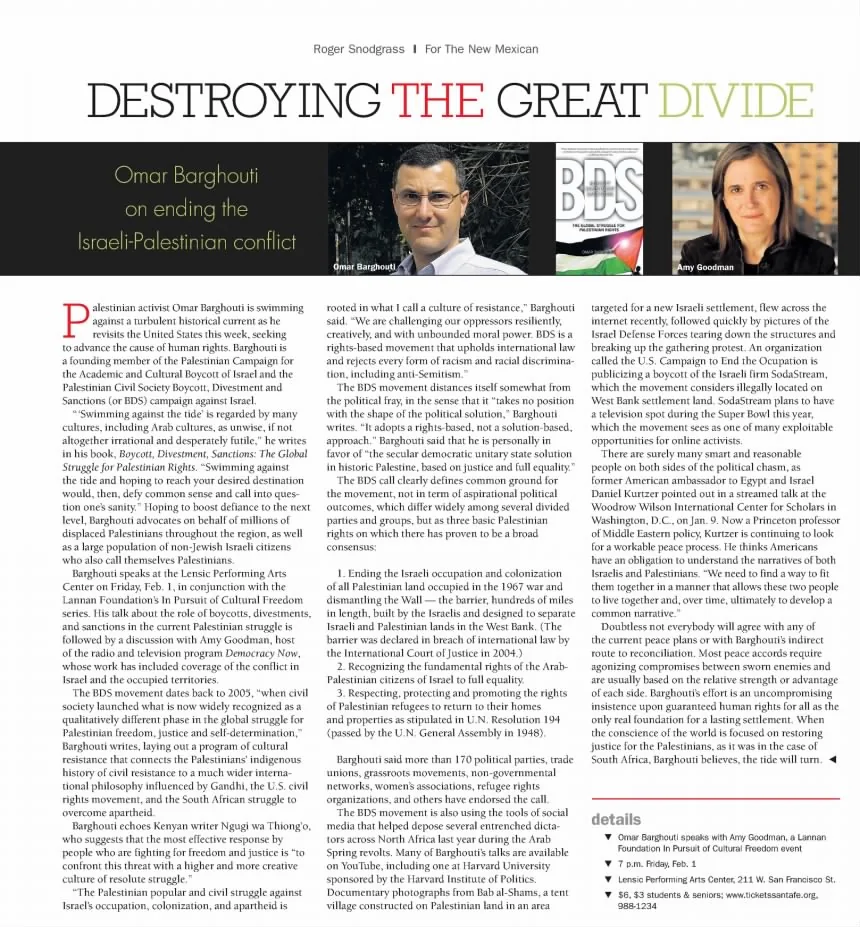 Omar Barghouti on ending the conflict — The Santa Fe New Mexican, 1 February 2013