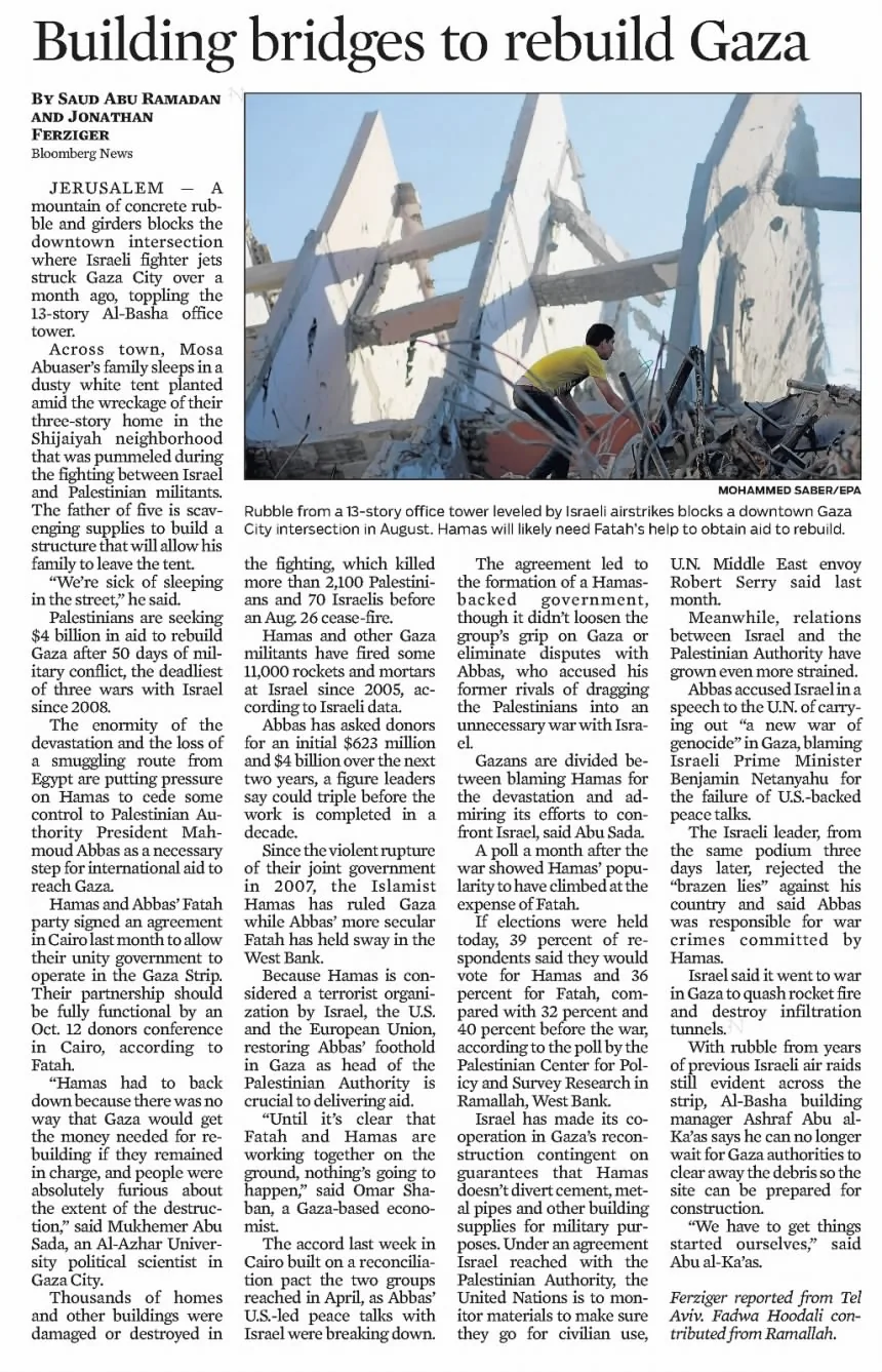 Building bridges to rebuild Gaza &mdash; Chicago Tribune, 3 October 2014