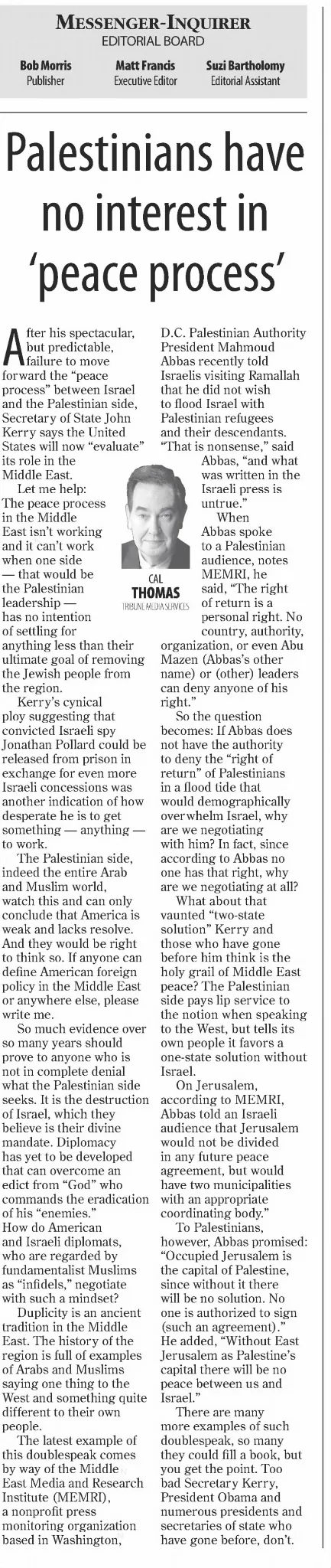 Palestinians have no interest in D.C. &mdash; Messenger Inquirer, 13 April 2014