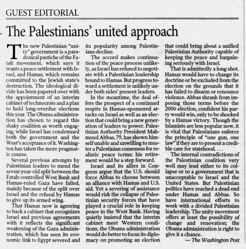 The new Palestinian 'unity' government &mdash; Sarasota Herald-Tribune, 9 June 2014