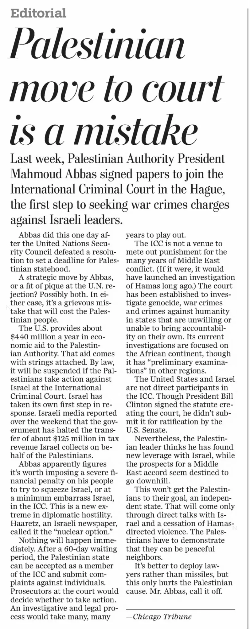 Palestinian move to court is a mistake &mdash; The Daily Times, 8 January 2015