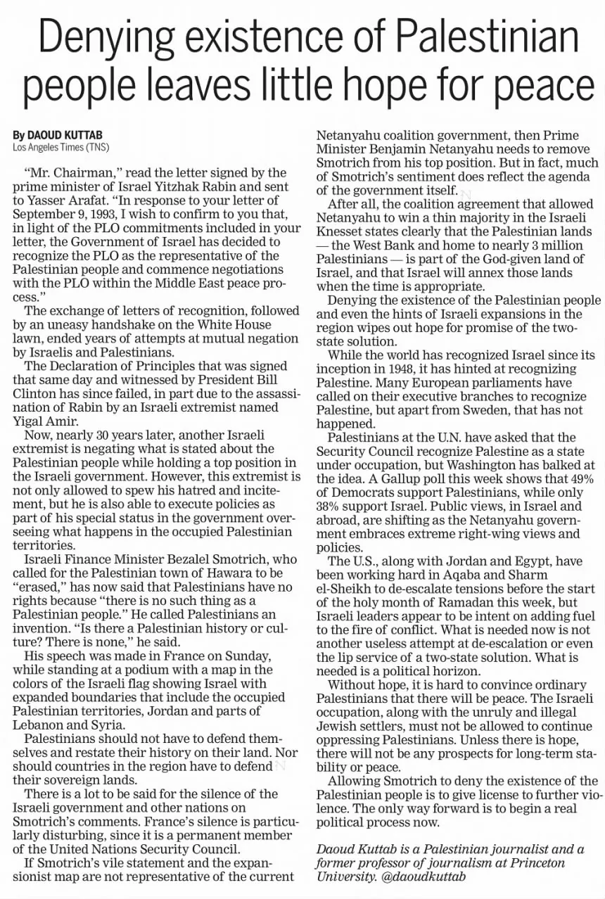 Denying existence of Palestinian people leaves little hope for peace — Kingsport Times News, 24 March 2023