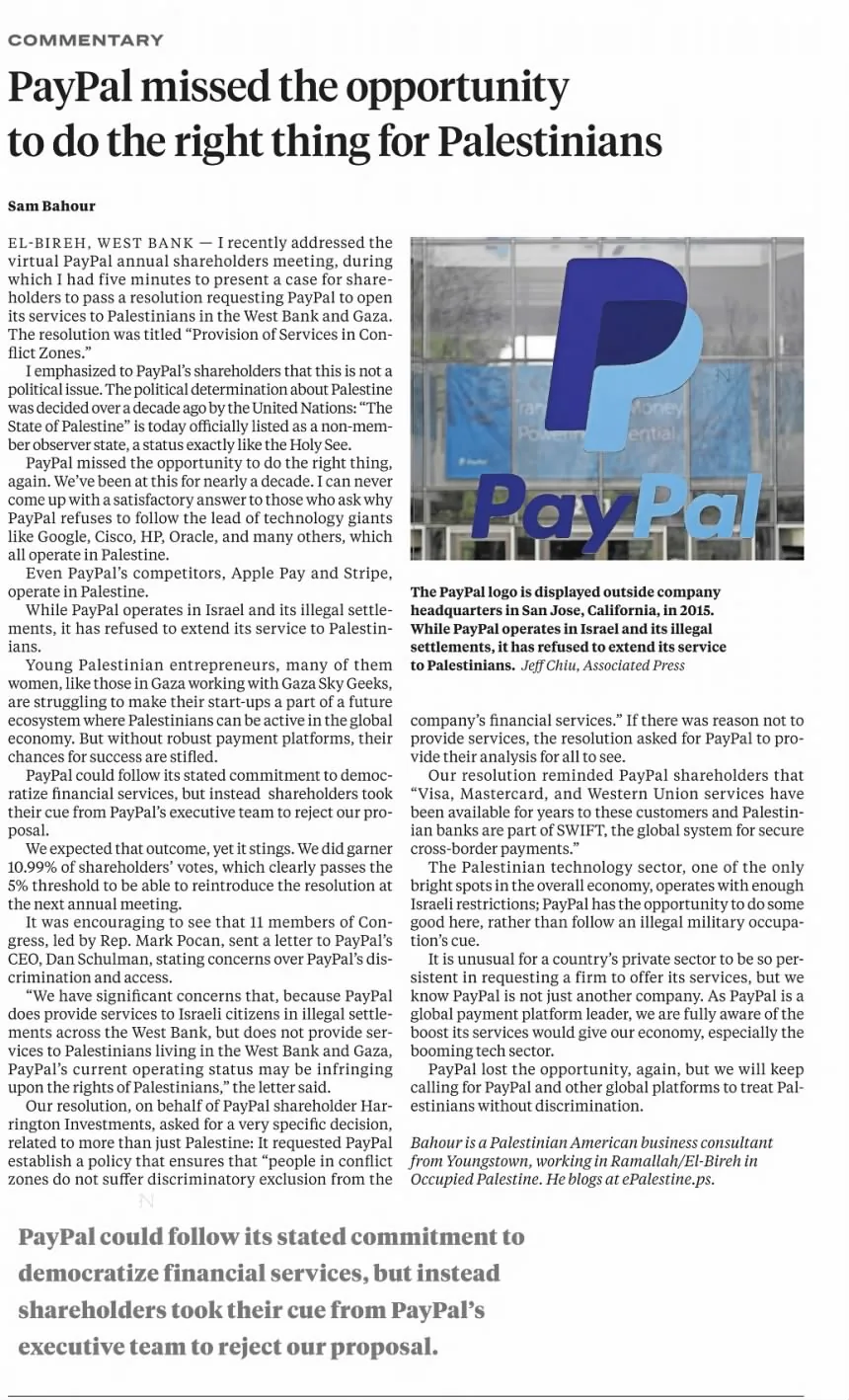 PayPal missed the opportunity to do the right thing for Palestinians — The Plain Dealer, 18 June 2023