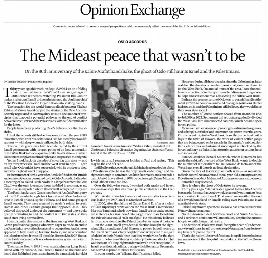 The Mideast peace that wasn't to be &mdash; Star Tribune, 12 September 2023