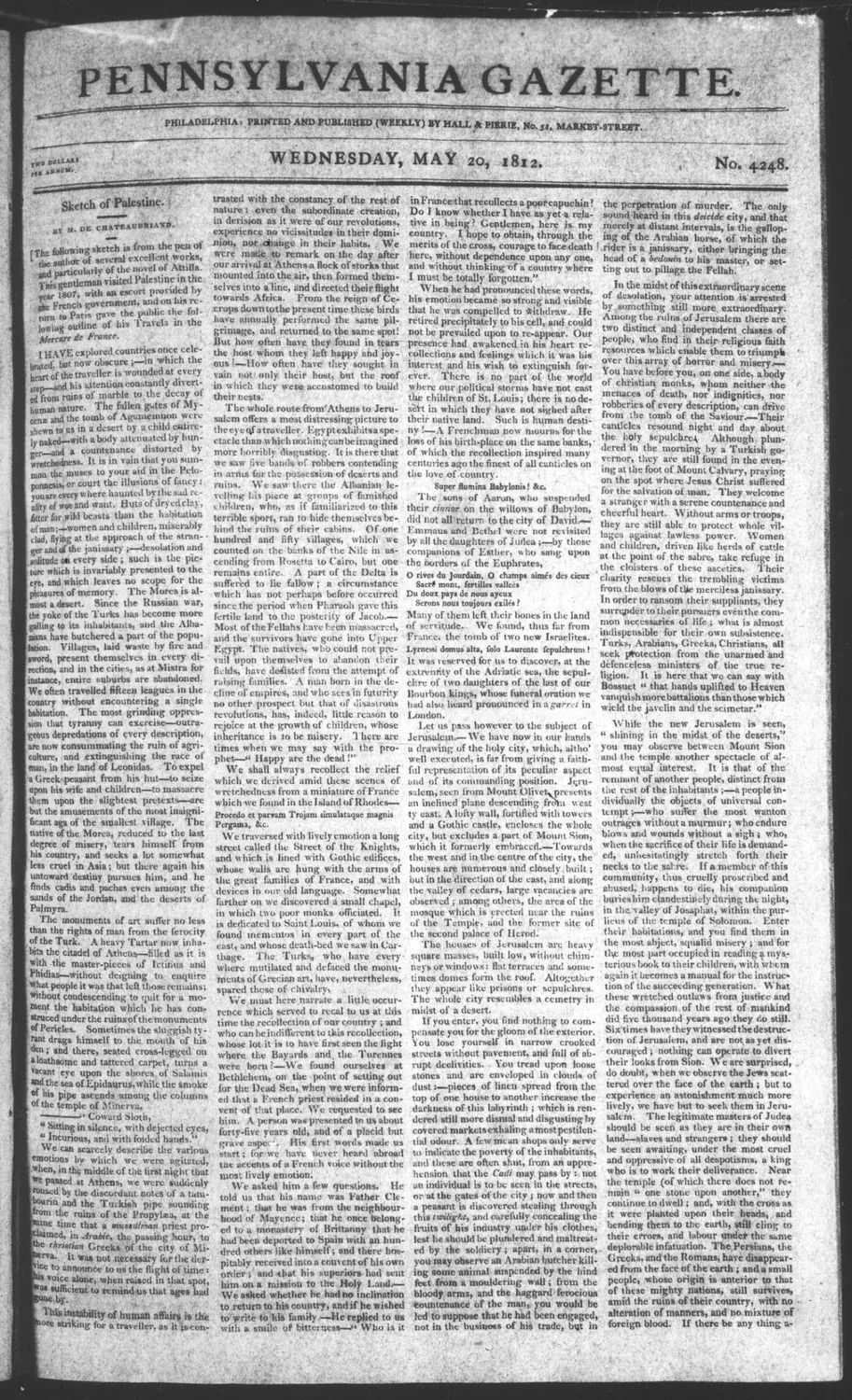 Sketch of Palestine — Pennsylvania Gazette, 20 May 1812