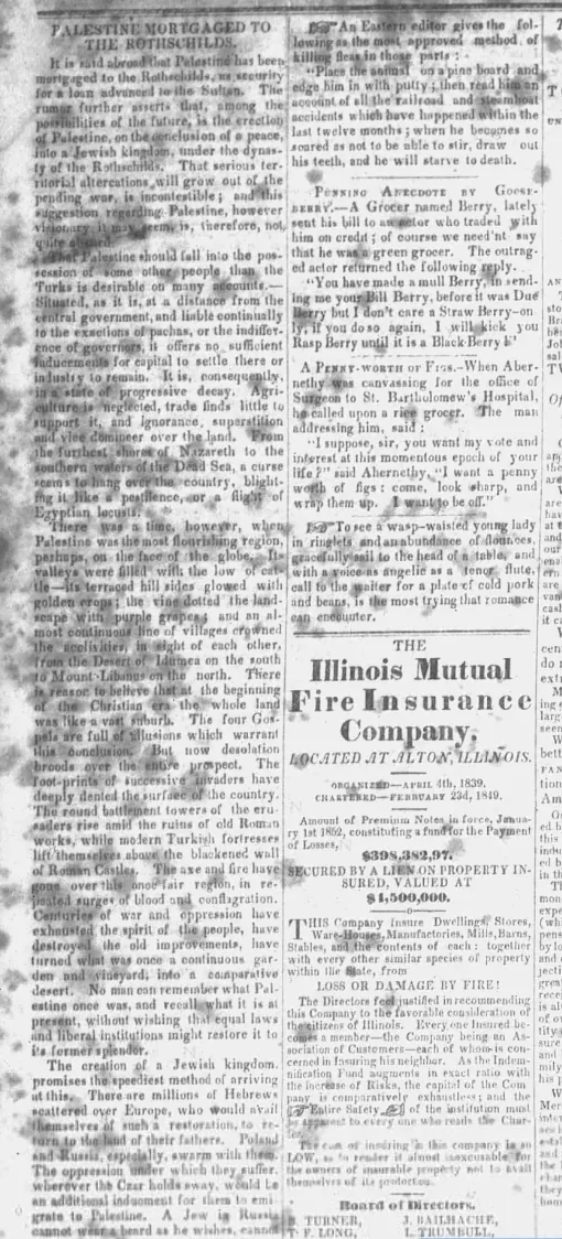 Palestine Mortgaged to the Rothschilds — Salem Weekly Advocate, 1 January 1844