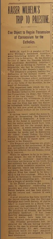 Kaiser Wilhelm's Trip to Palestine — (newspaper unidentified), 9 April 1898