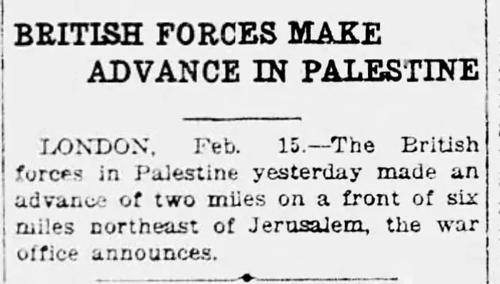 British Forces Make Advance in Palestine — Bellingham Herald, 15 February 1918
